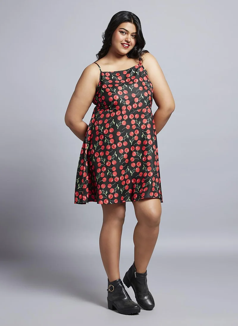 جلو باص فستان ميني جلوبلس جلوبلس نسائي بطبعة كرز ورقبة مربعة وأكمام بشريط مقاس كبير